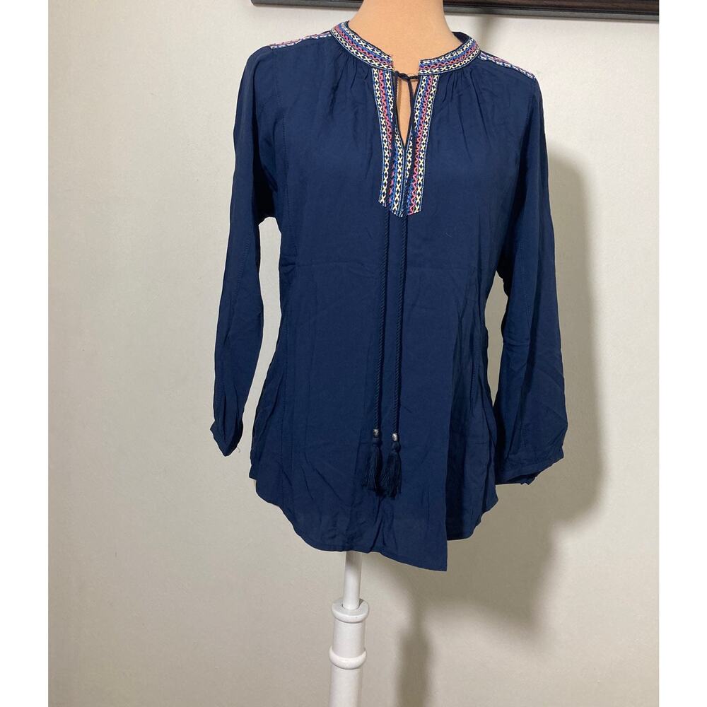 Daniel Rainn Womens Shirt Size M Blue Embroidered Trim Boho Peasant Tassle top